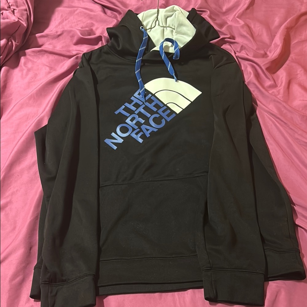 The North Face Black Hoodie with Blue and White Accents